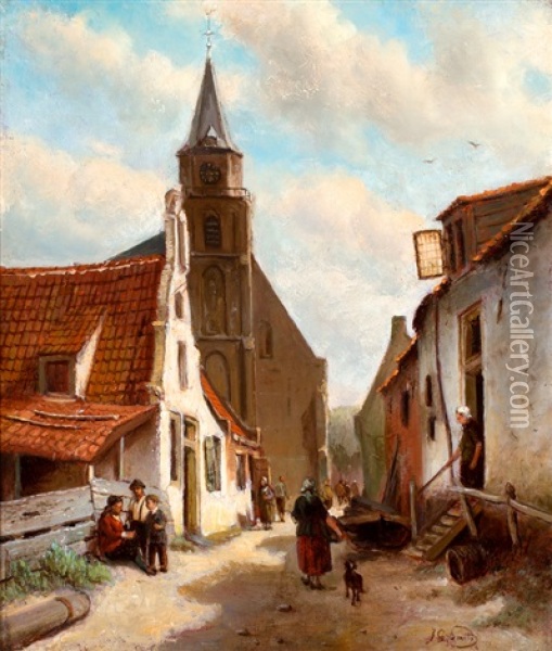 Straatje Bij De Oude Kerk Van Scheveningen Oil Painting - Jan Geerard Smits