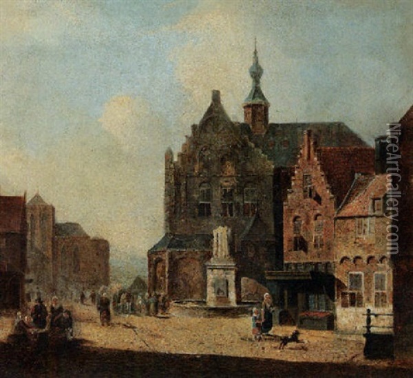 Figures In A Town Centre With A Church Oil Painting - George Gillis van Haanen