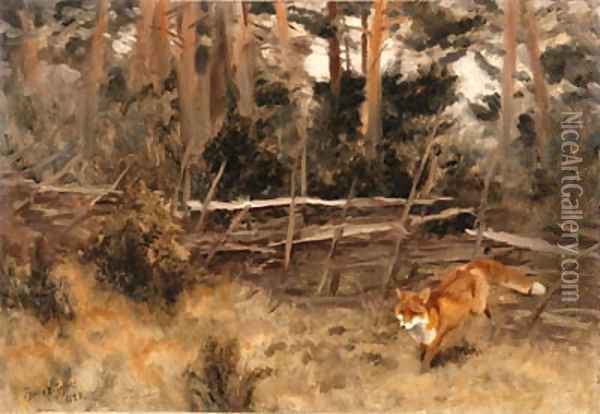 A Red Fox in a Landscape Oil Painting - Bruno Andreas Liljefors