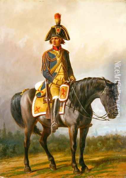A Police Officer of the United Belgian States Mounted on a Horse Oil Painting - A. Jules Van Imschoot
