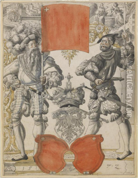 The Arms Of Canton Schwyz Between Two Militiamen, With Christ Andthe Woman Of Samaria Above Oil Painting - Daniel Jungere Der Lindtmayer