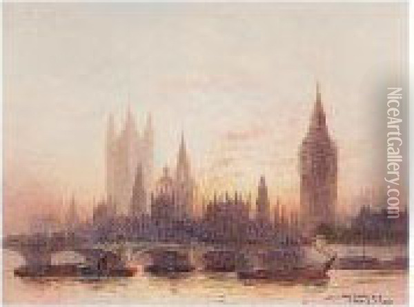 Westminster Bridge Looking 
Towards Parliament; London Bridge Looking Towards St Paul's Cathedral Oil Painting - Frederick E.J. Goff