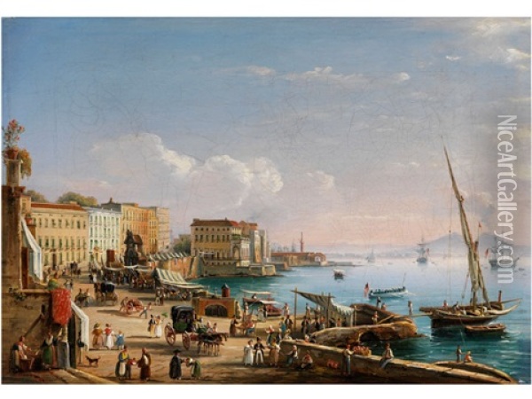 Ansicht Von Neapel Von Santa Lucia Mit Reicher Figurenstaffage Und Schiffen Oil Painting - Salvatore Candido