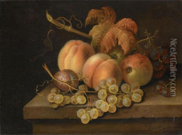 Still Life With Peaches, Apples, Grapes And Plums On A Stone Ledge Oil Painting - William Sartorius