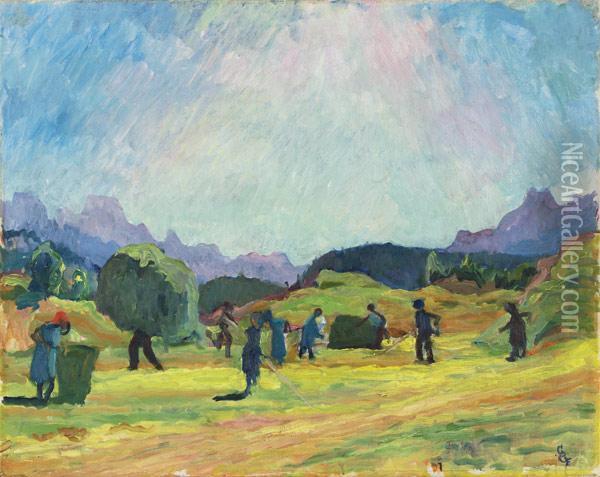 Heuernte Incapolago Mit Blick Auf Die Bergeller Berge Oil Painting - Giovanni Giacometti