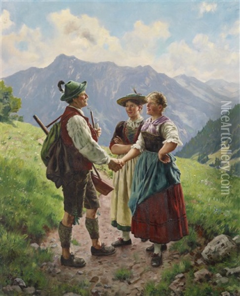 Begegnung Vor Einer Bergkulisse (unterberg Bei Salzburg?) Oil Painting - Emil Rau