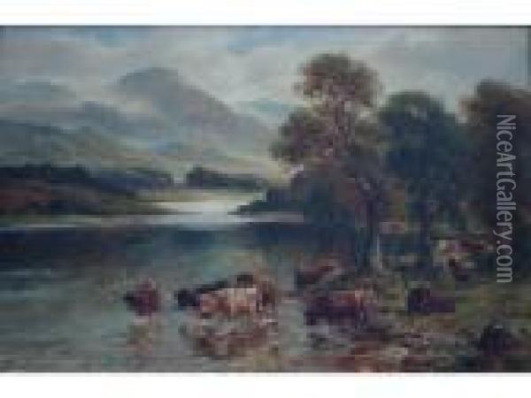 Highland Cattle In A River Oil Painting - William Langley