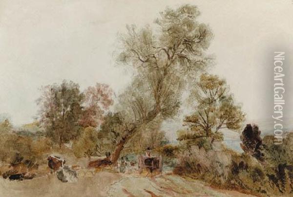Figures And A Horse And Cart On A Country Track Oil Painting - Peter de Wint