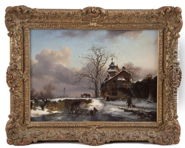 Figures Skating On A Frozen River Oil Painting - Frederik Marinus Kruseman