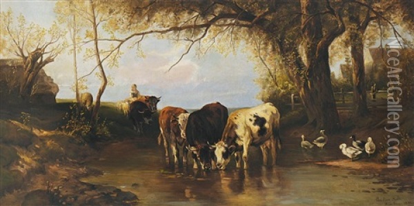 Hirtin Mit Kuhen Und Schafen Am Wasser Oil Painting - Christian Friedrich Mali