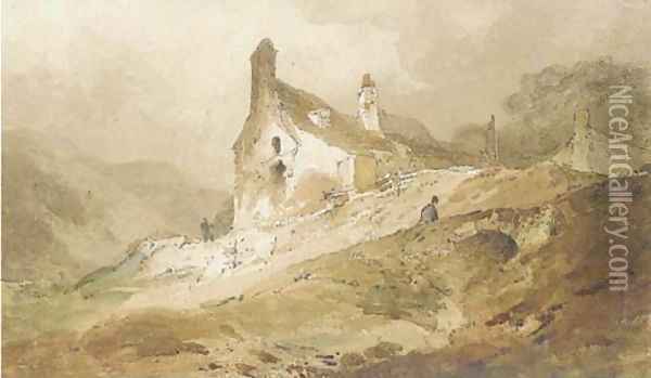A figure on a bridge below cottages, Wales Oil Painting - John Sell Cotman