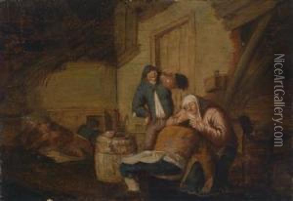 A Rustic Interior With A Woman Lousing Aman And Three Further Figures Oil Painting - Anthonie Victoryns