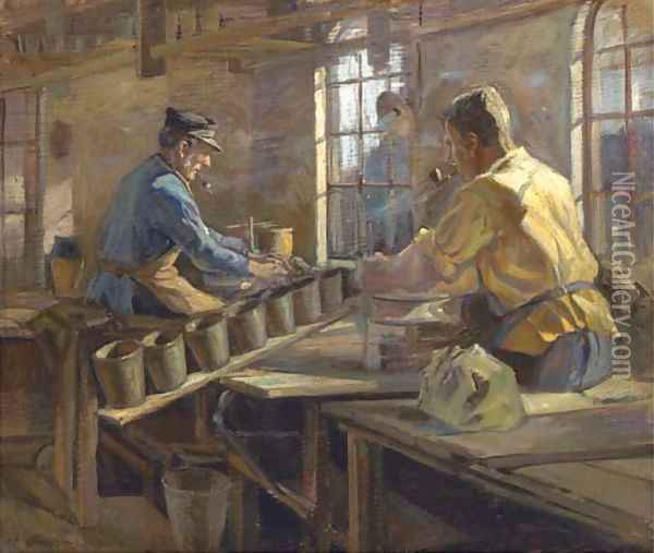 Turning the clay in the pottery Oil Painting - G. Horning Jensen