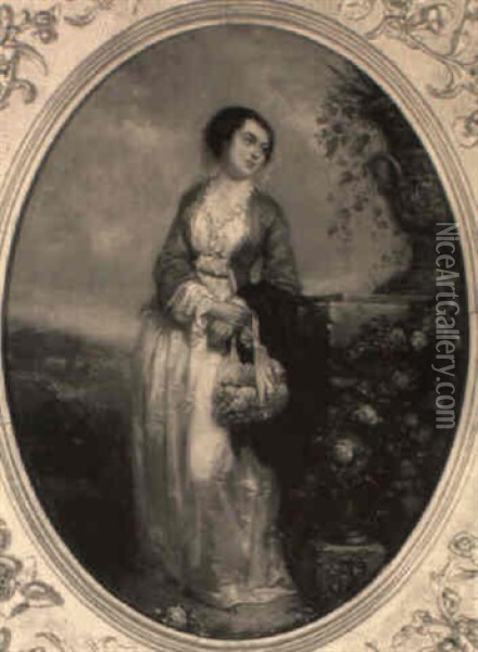 Portrait Of A Lady Wearing A Pink Silk Dress Holding A Bonnet Of Flowers Oil Painting - Carel Nicolaas Storm van 's-Gravensande