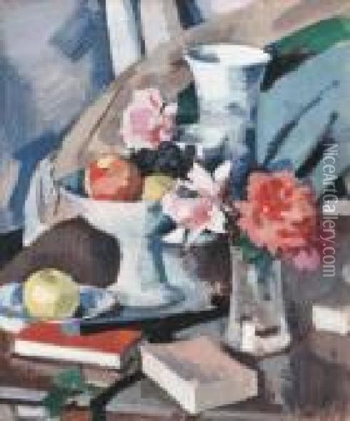 Pink Roses, Fruit And Books On A Polished Table Oil Painting - Samuel John Peploe