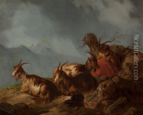 Pastoral Scenes With Cows And Goats (two Works) Oil Painting - Giuseppe Lanfranchi