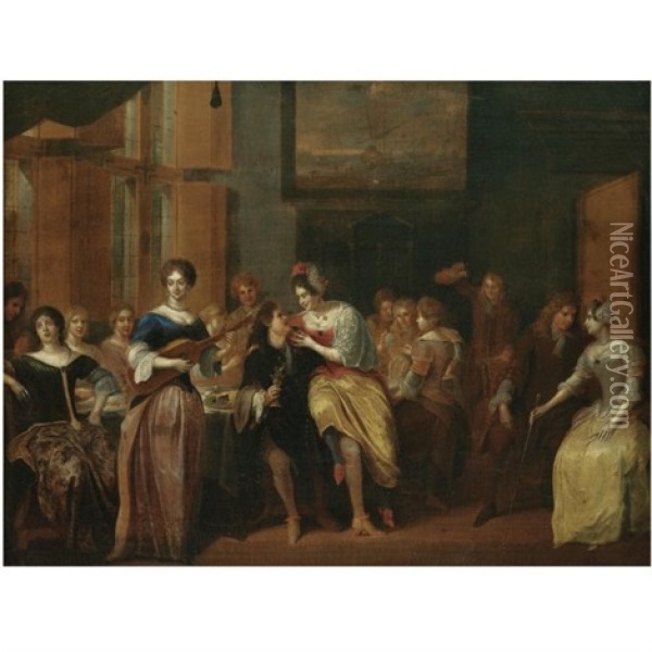 An Interior Scene With Elegant Figures Drinking And Listening To Music Oil Painting - Hieronymous (Den Danser) Janssens