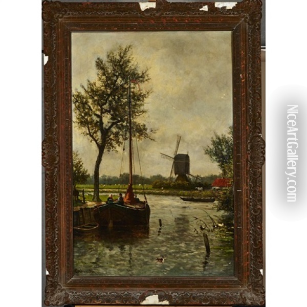 Boaters By A Farm With Windmill Oil Painting - Jacobus van Corkum