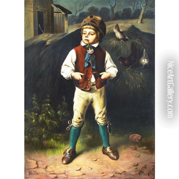 Boy In A Farmyard With Pigeons; Boy With Turnips In A Root Cellar (pair) Oil Painting - Ludwig Knaus