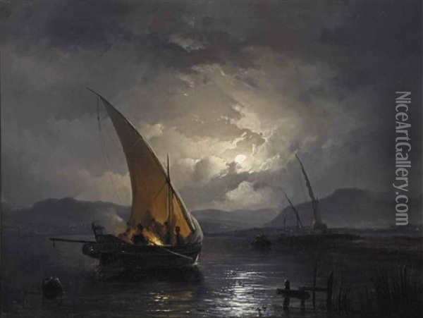 A Night Landscape With A Sailboat Where A Fire Is Being Lit Oil Painting - Remigius Adrianus van Haanen
