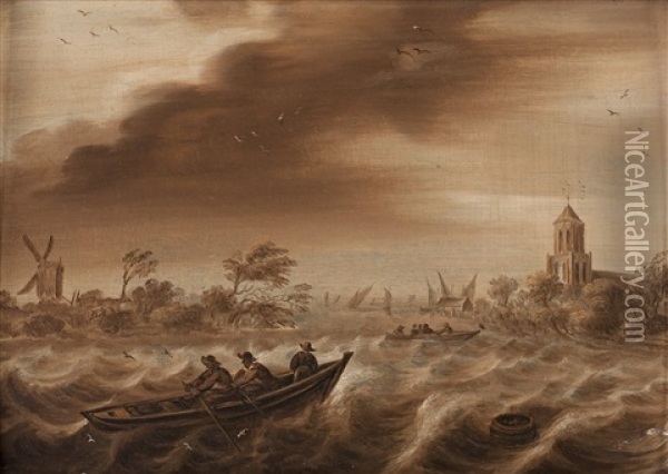 Stormy Sea With Figures In Boat Oil Painting - Willem van de Velde the Elder
