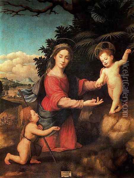 Virgin and Child with the Infant St John the Baptist 1520 Oil Painting - Giuliano Bugiardini