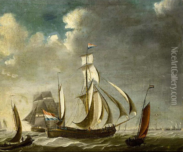 A Watership With A Small Kaag Alongside And Other Vessel Astern Oil Painting - Engel Hoogerheyden