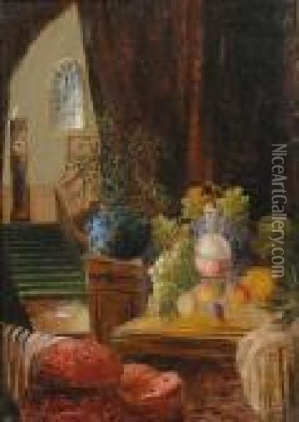 Opulent Still Life And Grand Staircase. Oil Painting - George Clare