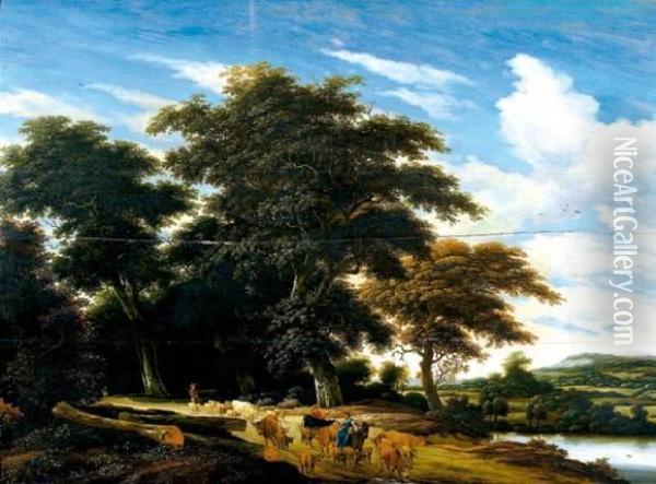 Berger Et Son Troupeau Sur Un Chemin Pres D'une Riviere Oil Painting - Jacob Salomonsz. Ruysdael
