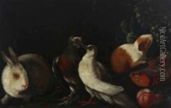Still Life With A Rabbit, Two Turtle Doves, A Guinea Pig, Pomegranate Etc Oil Painting - Franz Werner von Tamm