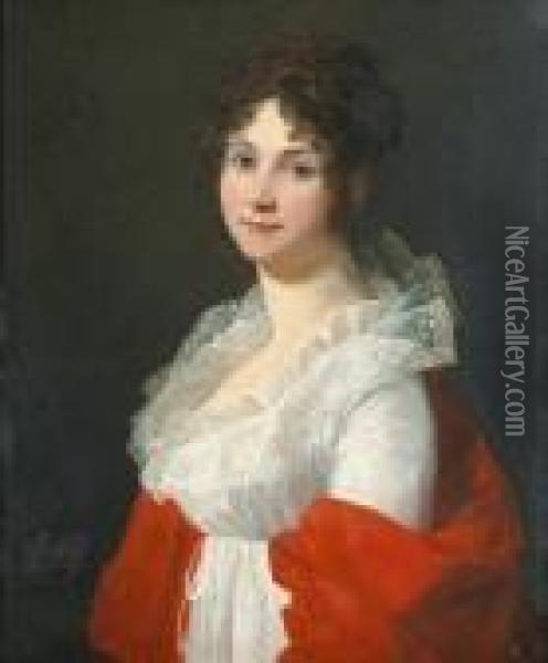 A Portrait Of A Lady, Half-length, In A White Dress And Red Wrap Oil Painting - Jacques Louis David