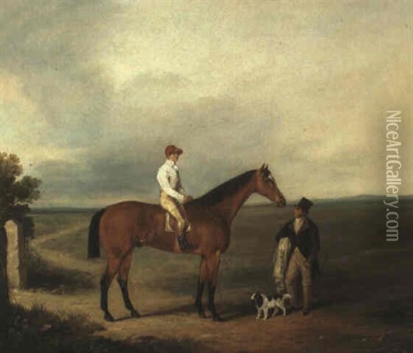 A Racehorse With Jockey Up, With A Trainer And A Spaniel By A Gate Oil Painting - George Fenn