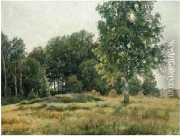 Heinasuovat Niitylla (haystacks In A Field) Oil Painting - Berndt Adolf Lindholm