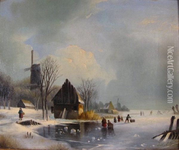 View Of A Dutch River In Winter Oil Painting - Jacobus Freudenberg