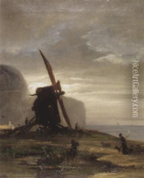 Windmuhle An Der Kuste Bei Dammerung Oil Painting - Georges Michel