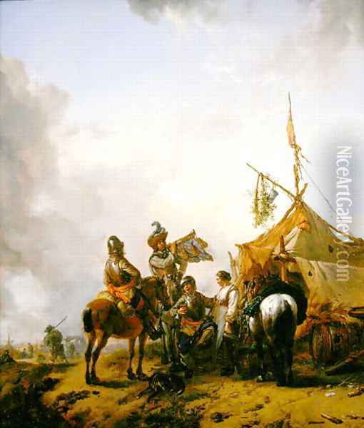 Soldiers carousing with a serving woman outside a tent Oil Painting - Philips Wouwerman