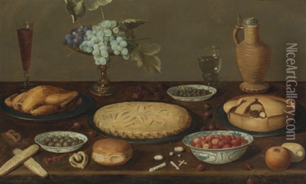 Still Life With Meat Pies, A Roast Fowl, Olives, Capers And Strawberries In Blue And White Porcelain Bowls, A Tazza With Grapes, A Roemer Filled With Wine, A Ceramic Jug And Other Items, All On A Wood Table Oil Painting - Jacob Fopsen van Es