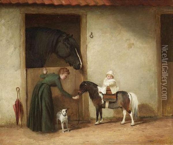 Scene At A Horse Stable. A Mother Leads Her Pony Riding Child To A Box. Oil/canvas/canvas, Signed And With Rest Of Dating 