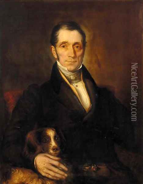 Portrait of a gentleman, seated half-length, in a brown jacket and cream cravat, his spaniel at his side Oil Painting - English School
