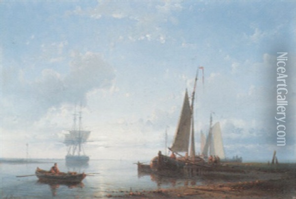 Fishing Vessels In A Calm Estuary At Dusk Oil Painting - Abraham Hulk the Elder