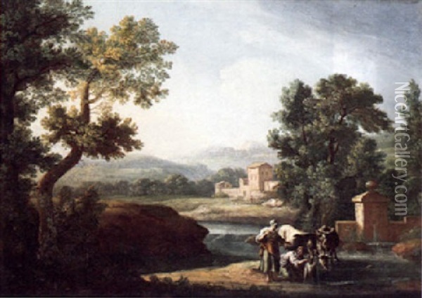 Italianate River Landscape With Herdswomen And Cattle Oil Painting - Giovanni Battista Cimaroli