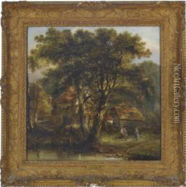 Figures By A Woodland Cottage Oil Painting - James Stark