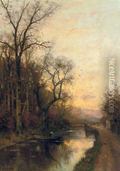 On The Canal At Sunset Oil Painting - Fredericus Jacobus Van Rossum Du Chattel