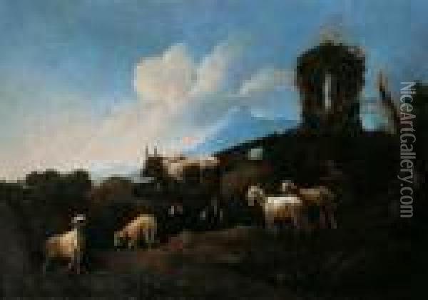Campagnalandschaft Mit Viehherde
 Vor Einer Ruine. Ol Auf Leinwand (doubliert). H 98,5; B 137 Oil Painting - Philipp Peter Roos