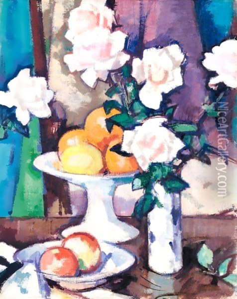Still Life With Pink Roses And Oranges Oil Painting - Samuel John Peploe