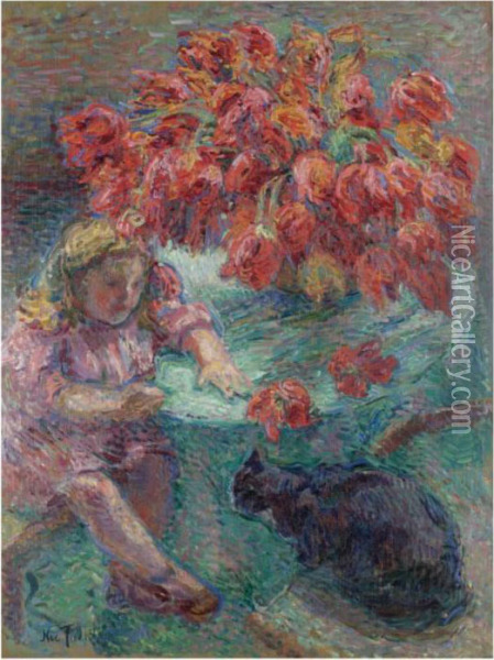 Young Girl With Cat Oil Painting - Nikolai Aleksandrovich Tarkhov
