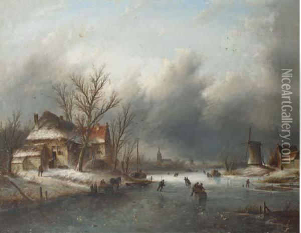 Skaters On A Frozen River, A Town In The Distance Oil Painting - Jan Jacob Coenraad Spohler
