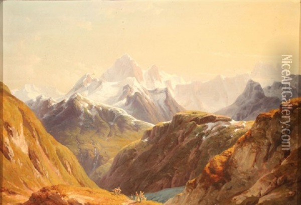View Of The Finsteraarhorn Range With Travelers In The Foreground Oil Painting - Edmund von Woerndle zu Adelsfried und Weiherburg