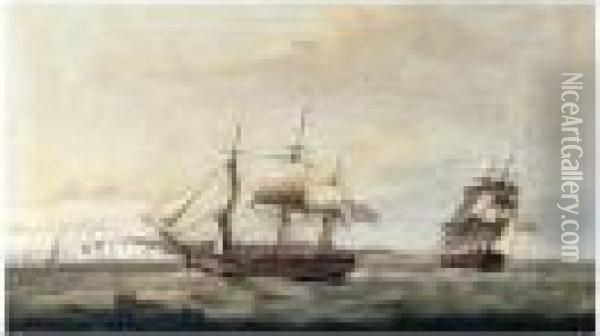H.m.s. Thornton In Two Positions Off Dover Oil Painting - Thomas Luny