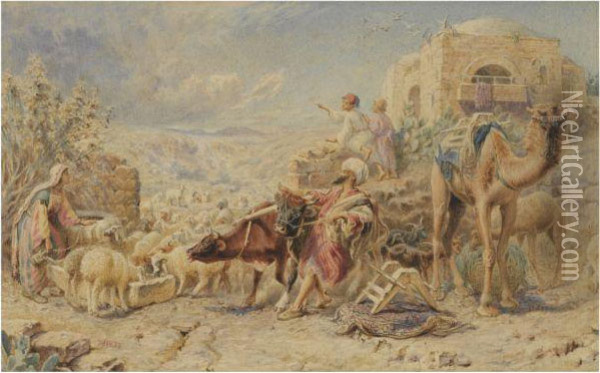 An Egyptian Watering Hole Oil Painting - William J. Webbe or Webb